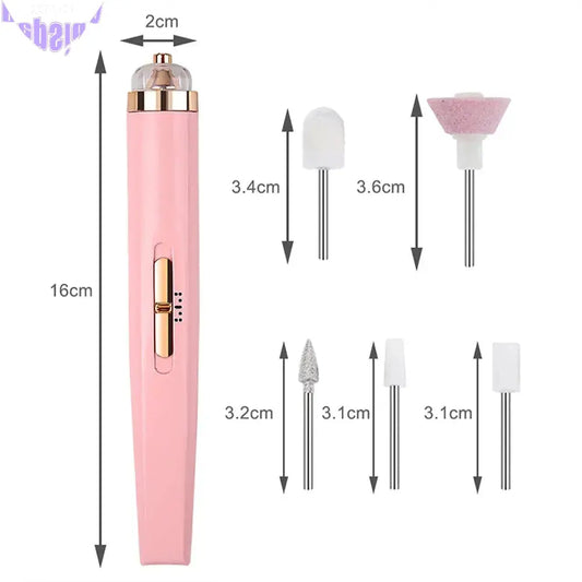 Pink 5-in-1 Electric Nail Drill Kit with USB charging and multiple attachments for professional nail care