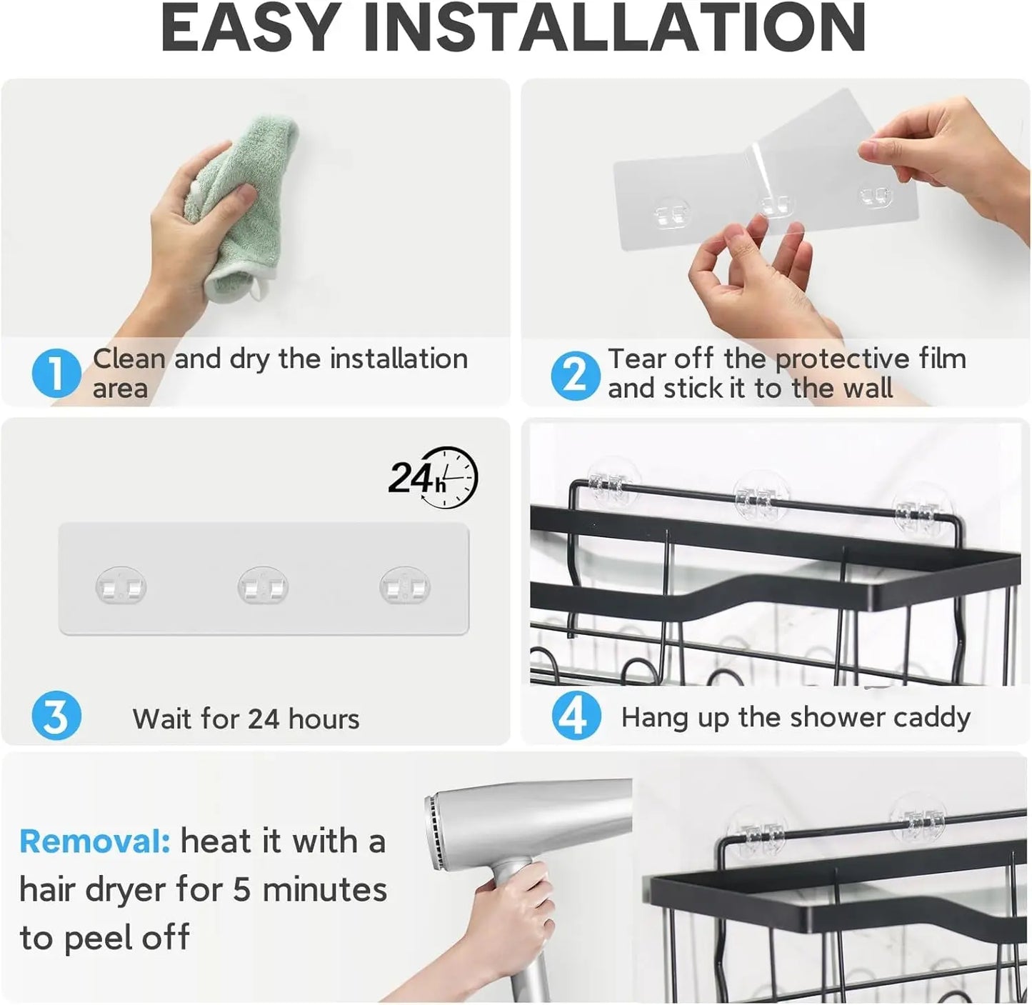 14 Pack Shower Caddy Adhesive Replacement, Strong Adhesive Hooks, Waterproof Shower Adhesive Strips, No Drilling, for Bathroom Storage Shelves and Kitchen Racks