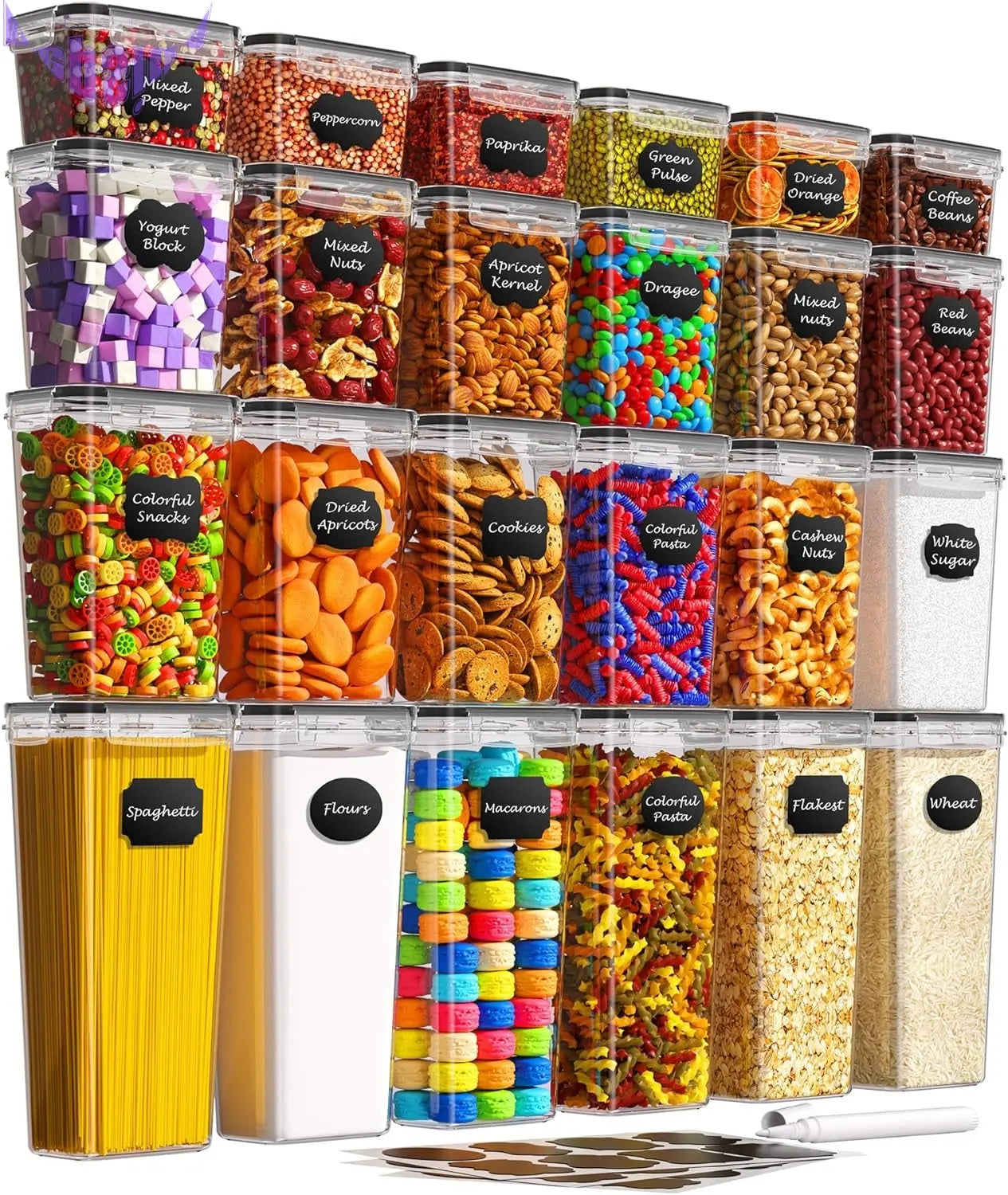 24 PCS Airtight Food Storage Containers with Lids, Kitchen Pantry Organization and Storage, Bpa-Free Plastic Scale Food Canisters for Cereal, Flour, Sugar, Dry Food, Include Labels & Marker