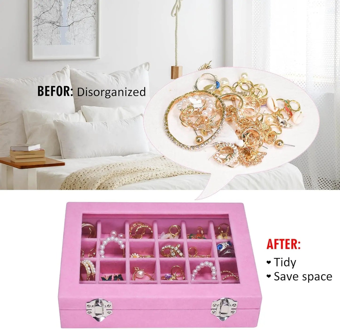 Velvet Jewelry Box 24 Grid Jewelry Ring Display Organiser Box Tray Holder Earrings Storage Case for Girls Wife Mom Women (Pink)