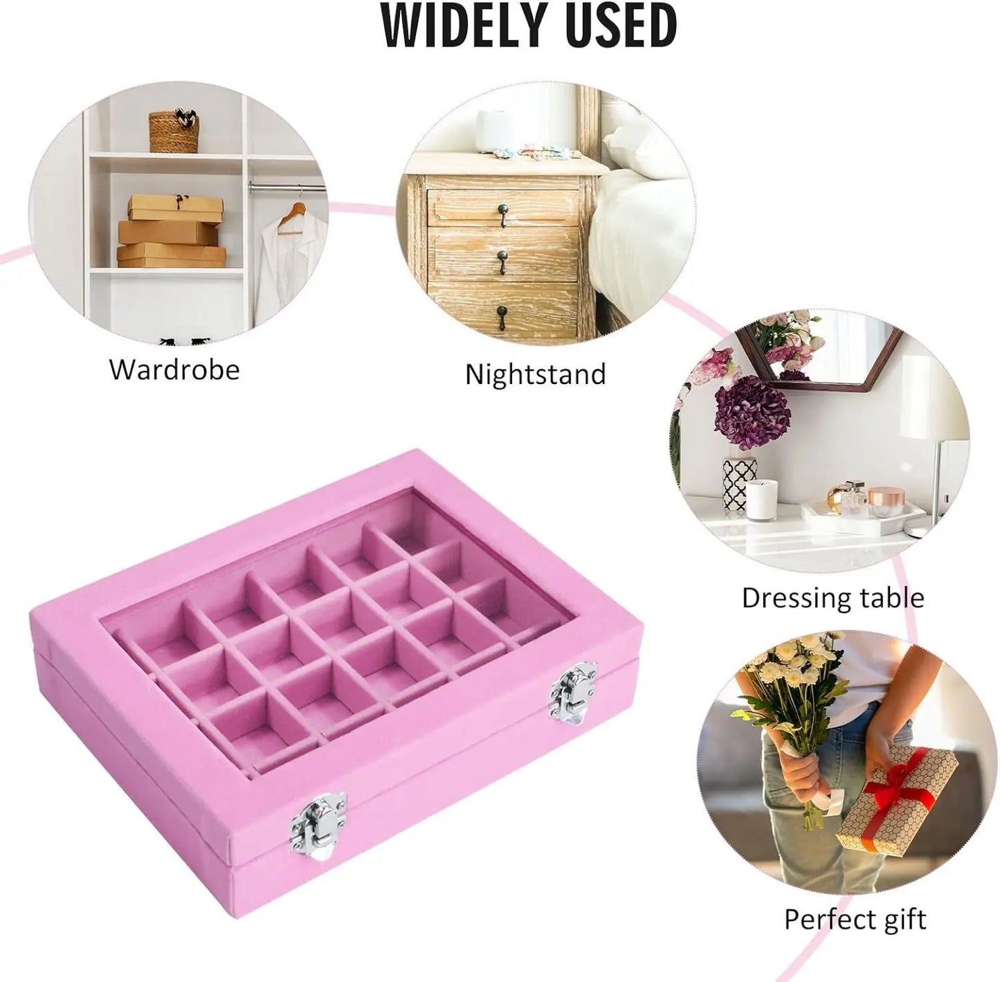 Velvet Jewelry Box 24 Grid Jewelry Ring Display Organiser Box Tray Holder Earrings Storage Case for Girls Wife Mom Women (Pink)