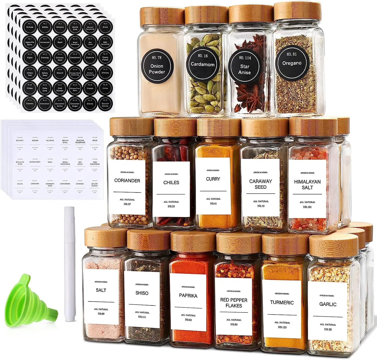 Spice Jars with Label 24Pcs,Seasoning Containers,Glass Spice Jars with Bamboo Lids,Kitchen Essentials,Spices Container Set,Kitchen Set,Seasoning Organizer,Spice Rack Organizer for Cabinet