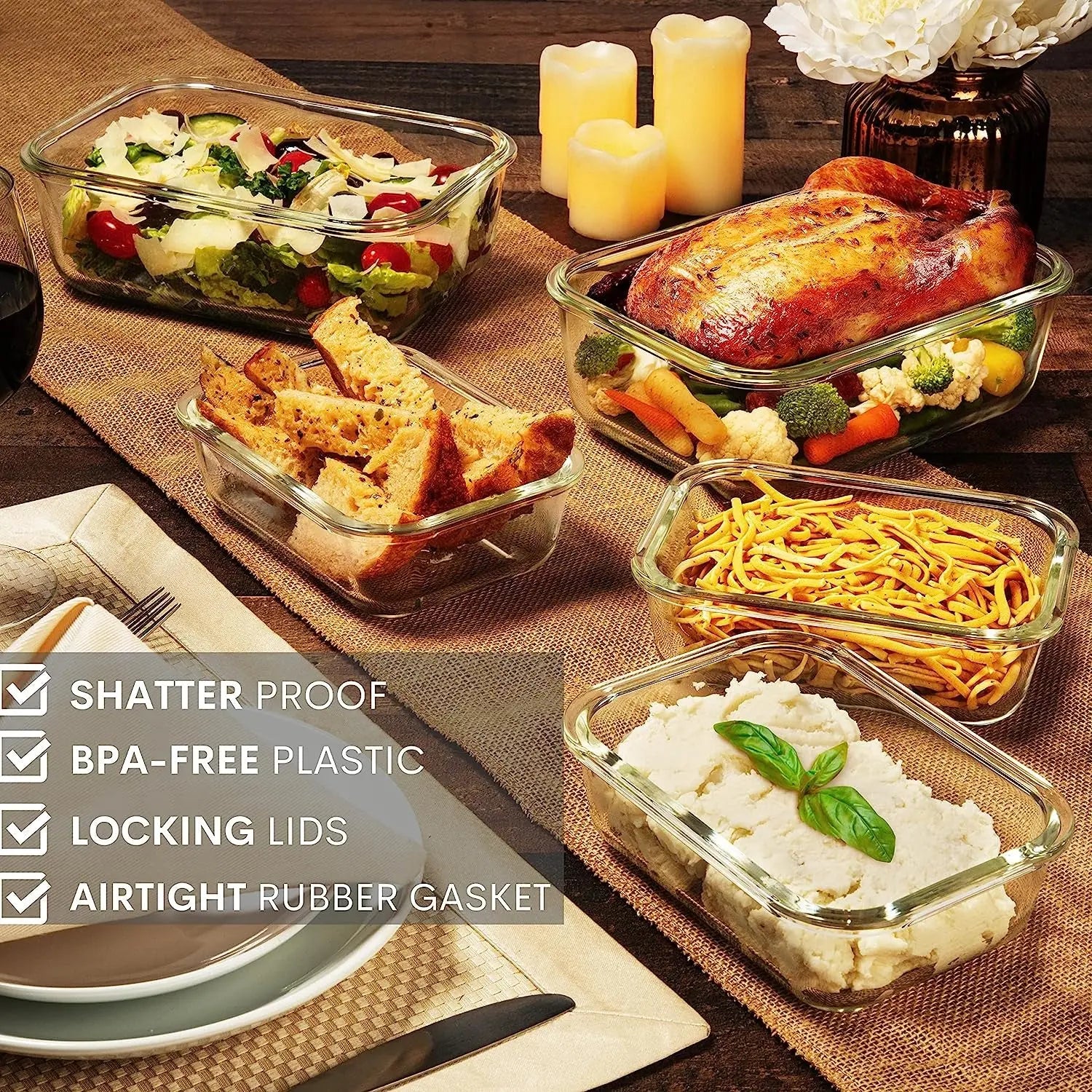 8 Cups/ 63 Oz 4 Piece (2 Containers + 2 Lids) Large Glass Food Storage/Baking Containers with Locking Lids Ideal for Storing Food, Vegetables or Fruits. BPA Free & Leak Proof - Microwave, Oven Safe