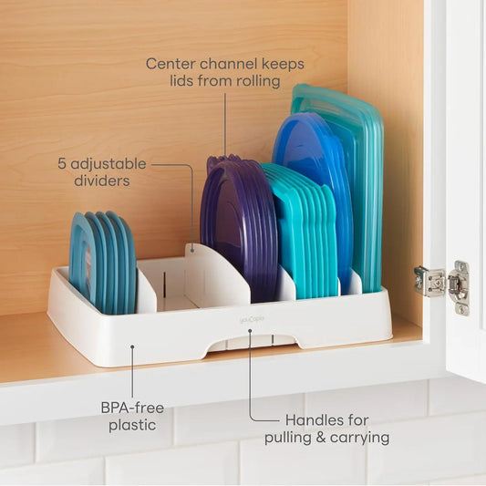 Storalid Food Container Lid Organizer, Large, Adjustable Plastic Lid Storage for Kitchen Cabinets, White