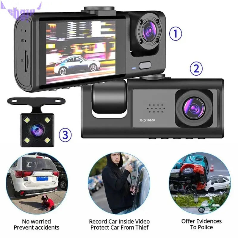 Dash Cam W/ IR Night Vision Loop Recording & 2" IPS Screen 1080P 3 Camera , DVR Recorder, Video Recorder, Vehicle DVR