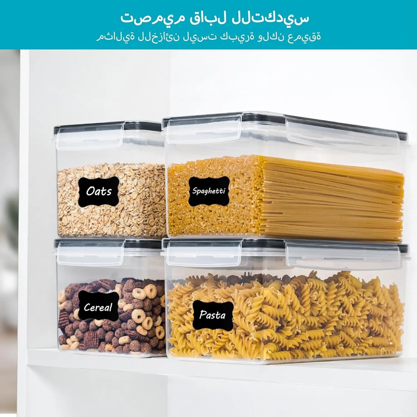 Airtight Food Storage Containers with Lids 4PCS Set 3.2L, Plastic Spaghetti Canisters for Pasta Organizer, BPA Free Air Tight Kitchen Pantry Organization