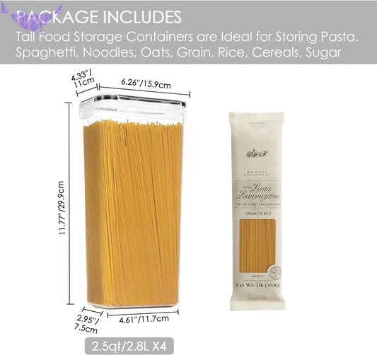 Airtight Food Storage Containers with Lids, 4 PCS 2.8L Pasta Containers for Pantry Organization and Storage, BPA Free Kitchen Canisters for Spaghetti, Flour, Sugar and Noodles, Black