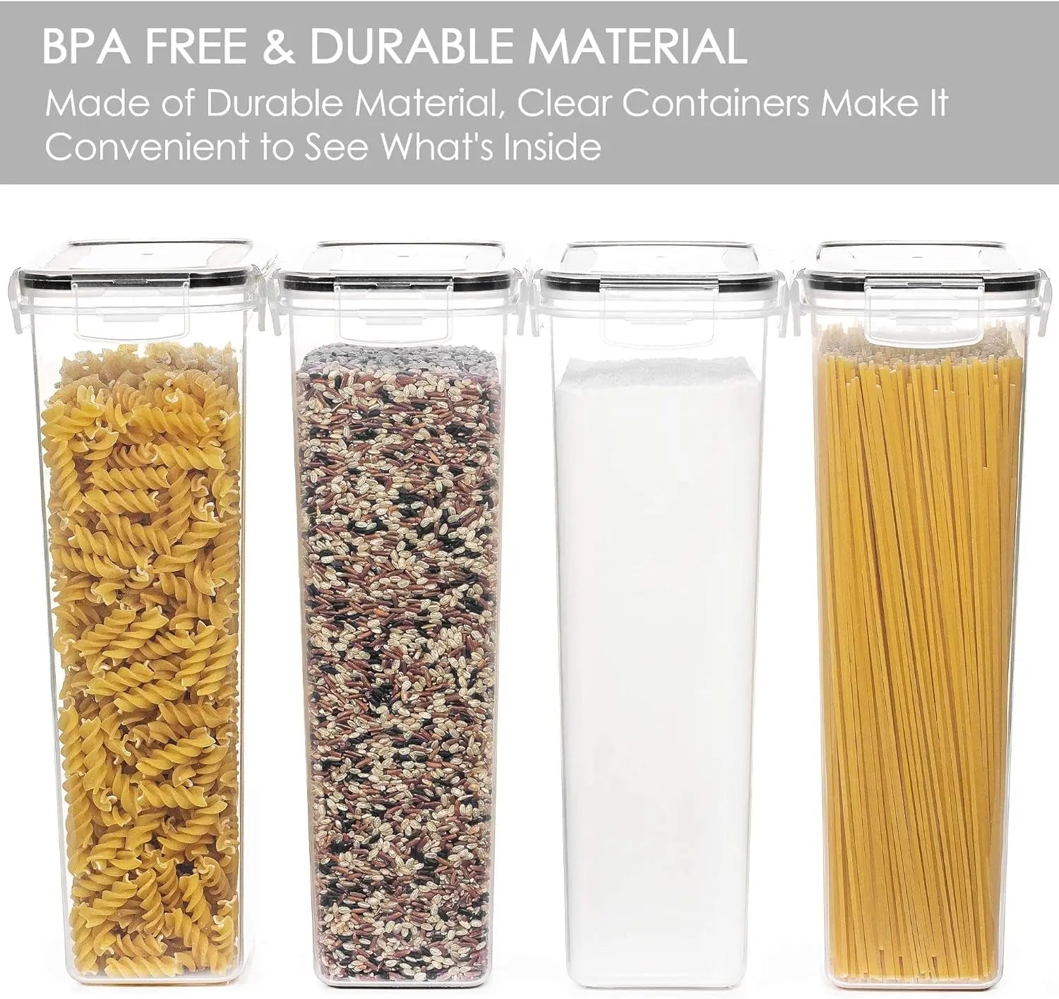 Airtight Food Storage Containers with Lids, 4 PCS 2.8L Pasta Containers for Pantry Organization and Storage, BPA Free Kitchen Canisters for Spaghetti, Flour, Sugar and Noodles, Black