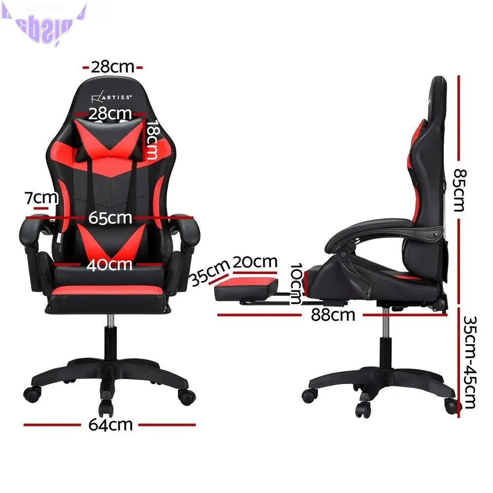 Artiss Massage Gaming Chair 6 Point 7 LED Office Chairs Leather Footrest Red