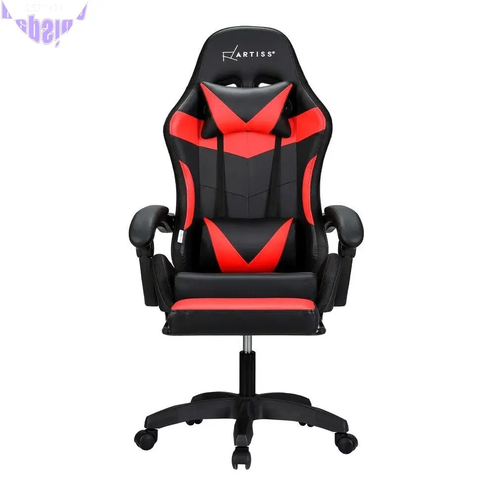 Artiss Massage Gaming Chair 6 Point 7 LED Office Chairs Leather Footrest Red