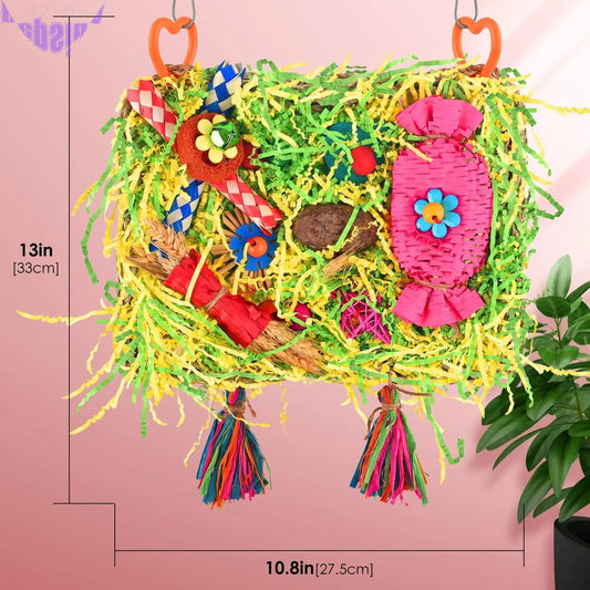 Bird Toys: Large-Sized Grass Mat with Colorful Parrot Foraging Shredder Hanging Toy, Conure Climb Hammock for Parakeets