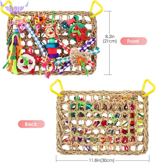Bird Toys, Bird Foraging Wall Toy, Edible Seagrass Woven Climbing Hammock Mat with Colorful Chewing Toys, Suitable for Lovebirds, Finch, Parakeets, Budgerigars, Conure, Cockatiel
