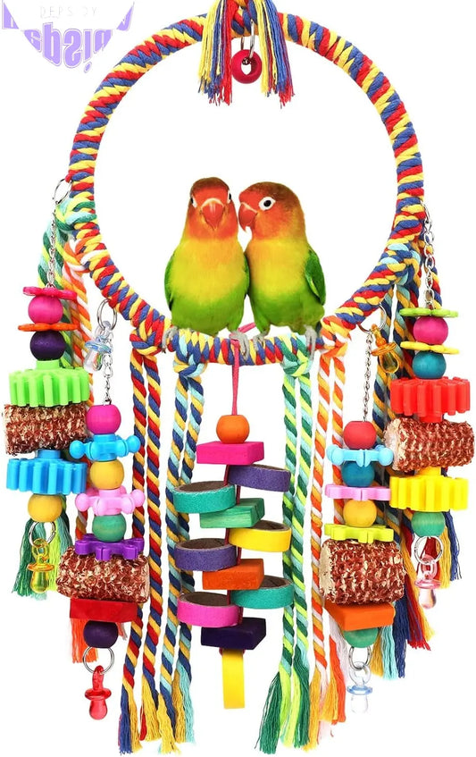 Bird Toys Bird Rope Ring Swing Perch with Corn Cob Cardboard Bagels Wooden Blocks Chewing Toys for Parakeets,Cockatiels,Conure,Lovebirds,Finches and Other Small-Sized Birds
