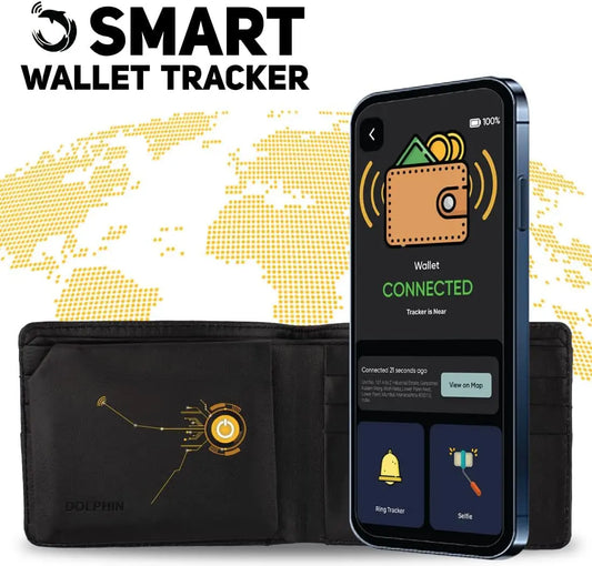 Dolphin Bluetooth Wallet (Black) - Premium RFID Anti-Theft Leather Wallet with Separation Alert, GPS Last Seen Location - Cash Slot, 8 Card Slots, 2 Additional Slot & Dolphintracker - Android & Apple Compatible