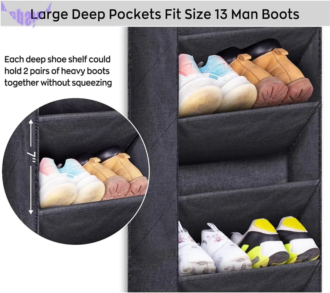over the Door Shoe Organizer for Closet with Large Deep Pockets, Narrow Shoe Rack for Door Hanging Boots Storage, Black