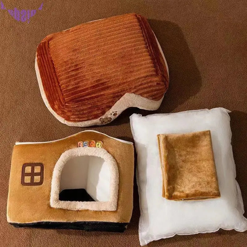 Foldable Soft Pet House And Bed Detachable Cave-Style Nest Brown-2