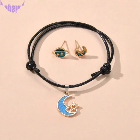 Jewellery set Black Pu Leather Star Moon Charm Adjustable Bracelet Stud Earrings-0