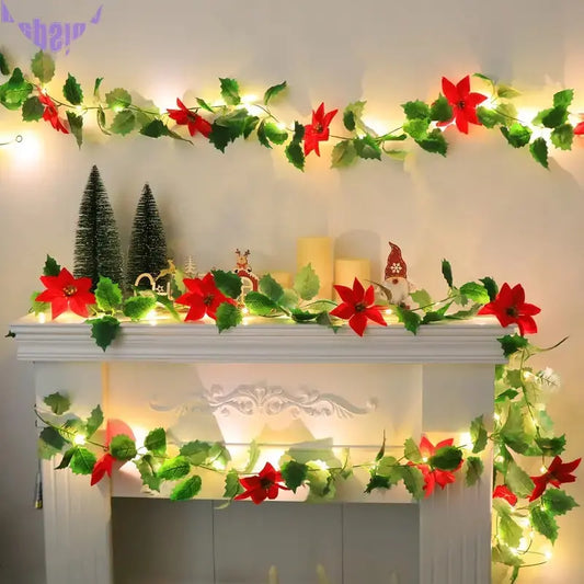 LED Lighted Christmas Red Flower Rattan Decoration - Battery Operated-1