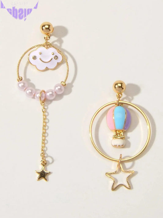 Lovely Jewellery Pearl Hot Air Balloon Clouds Star Charm Asymmetric Earrings-0