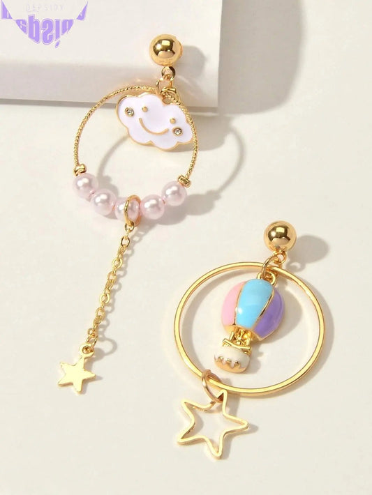 Lovely Jewellery Pearl Hot Air Balloon Clouds Star Charm Asymmetric Earrings-1