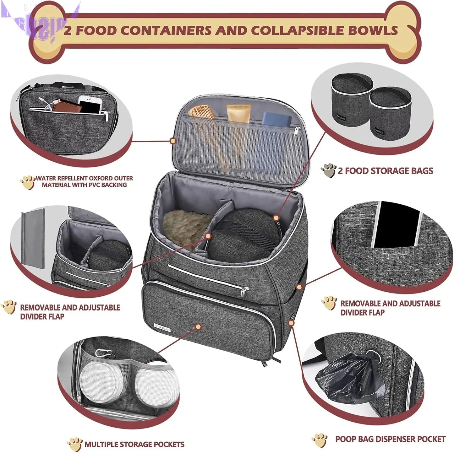 丨Dog Travel Bag Backpack, Airline Approved Pet Supplies Backpack, Dog Travel Backpack with 2 Silicone Collapsible Bowls and 2 Food Baskets Grey