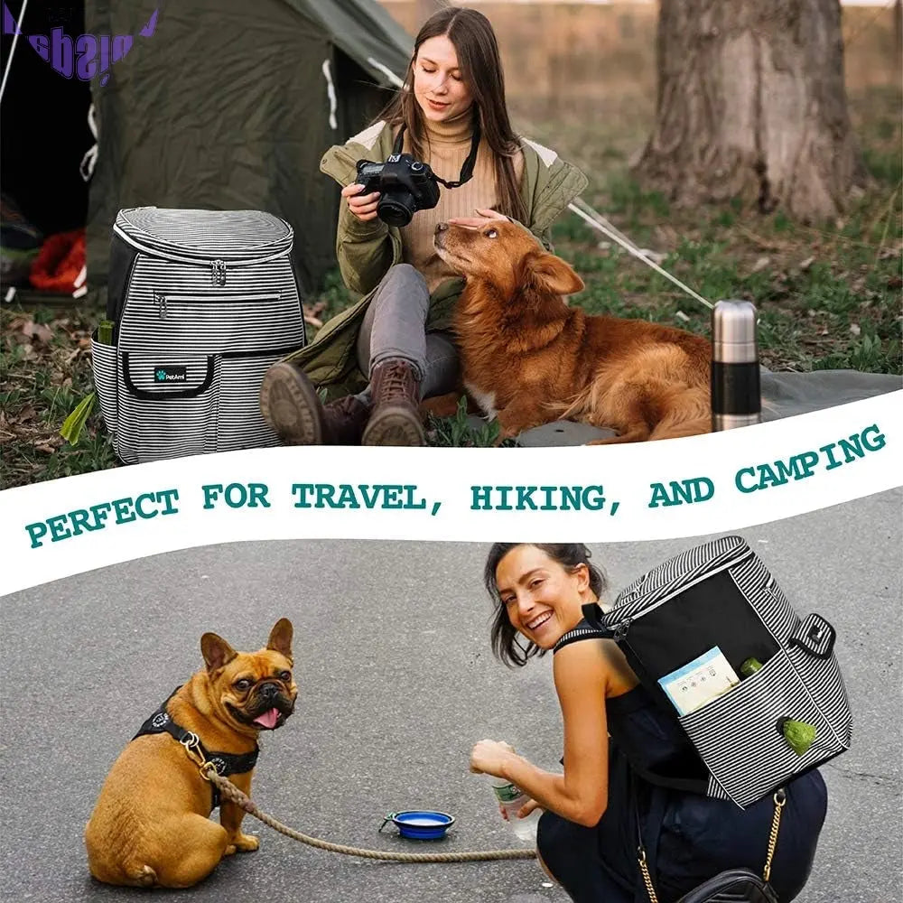Travel Bag Backpack for Dogs, Airline Approved, Puppy Diaper Supplies, Pet Camping Essentials, Hiking Accessories, Food Container, Collapsible Bowls, Stripe Black