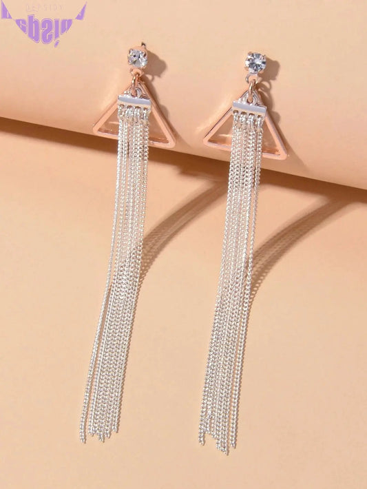 Rhinestone Triangle Silver Tassel Long Chain Drop Dangle Party Stud Earrings-0