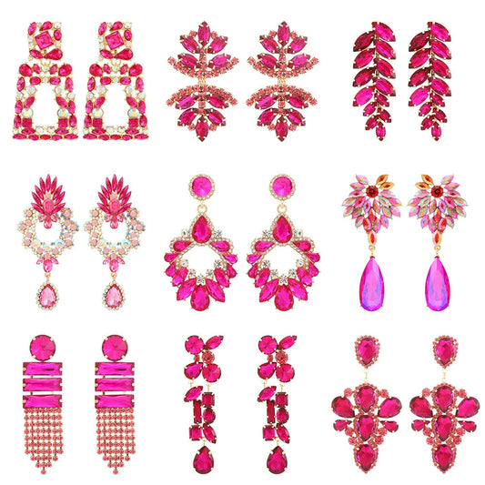 Fashion Rose Red Series Shiny Crystal Dangle Earrings for Women Luxury Geometric Statement Jewelry 2023 Trending Accessories