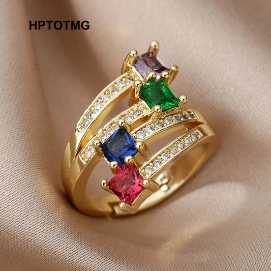 Colorful Zircon Square Rings for Women Stainless Steel Multi-Layer Ring 2024 Trending Wedding Aesthetic Jewelry Gift Anillos