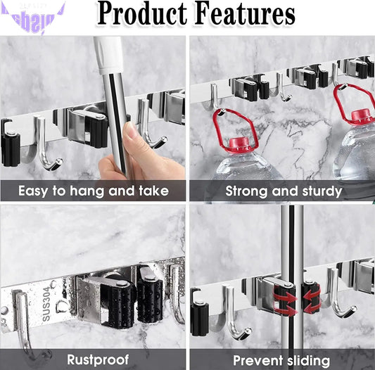 5 Racks and 4 Hooks Mop and Broom Holder Wall Mount, Broom Organizer Storage Tool Racks Stainless Steel Heavy Duty Hooks Self Adhesive Solid Non-Slip for Home Kitchen Garden Laundry Garage
