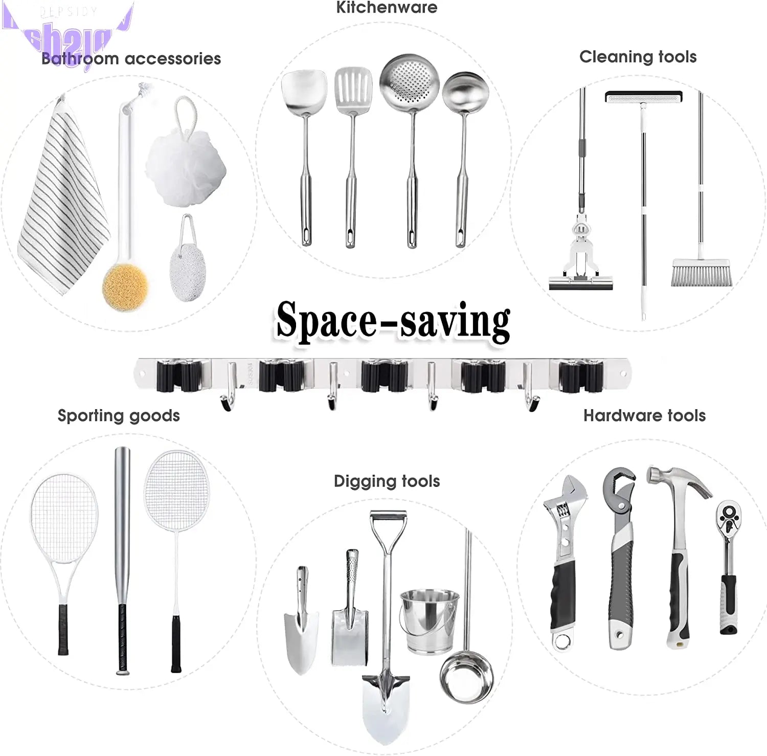 5 Racks and 4 Hooks Mop and Broom Holder Wall Mount, Broom Organizer Storage Tool Racks Stainless Steel Heavy Duty Hooks Self Adhesive Solid Non-Slip for Home Kitchen Garden Laundry Garage