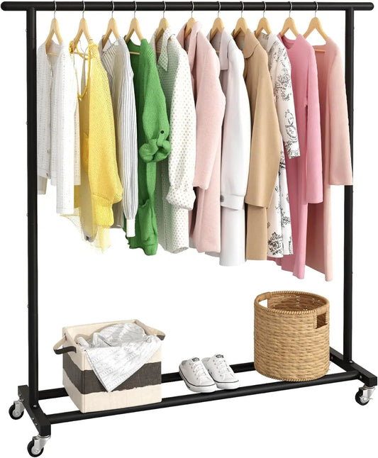 Clothing Rack Clothes Rack Standard Rod Simple Rolling Metal Garment Rack Organizer Freestanding Hanger with Wheels,Black