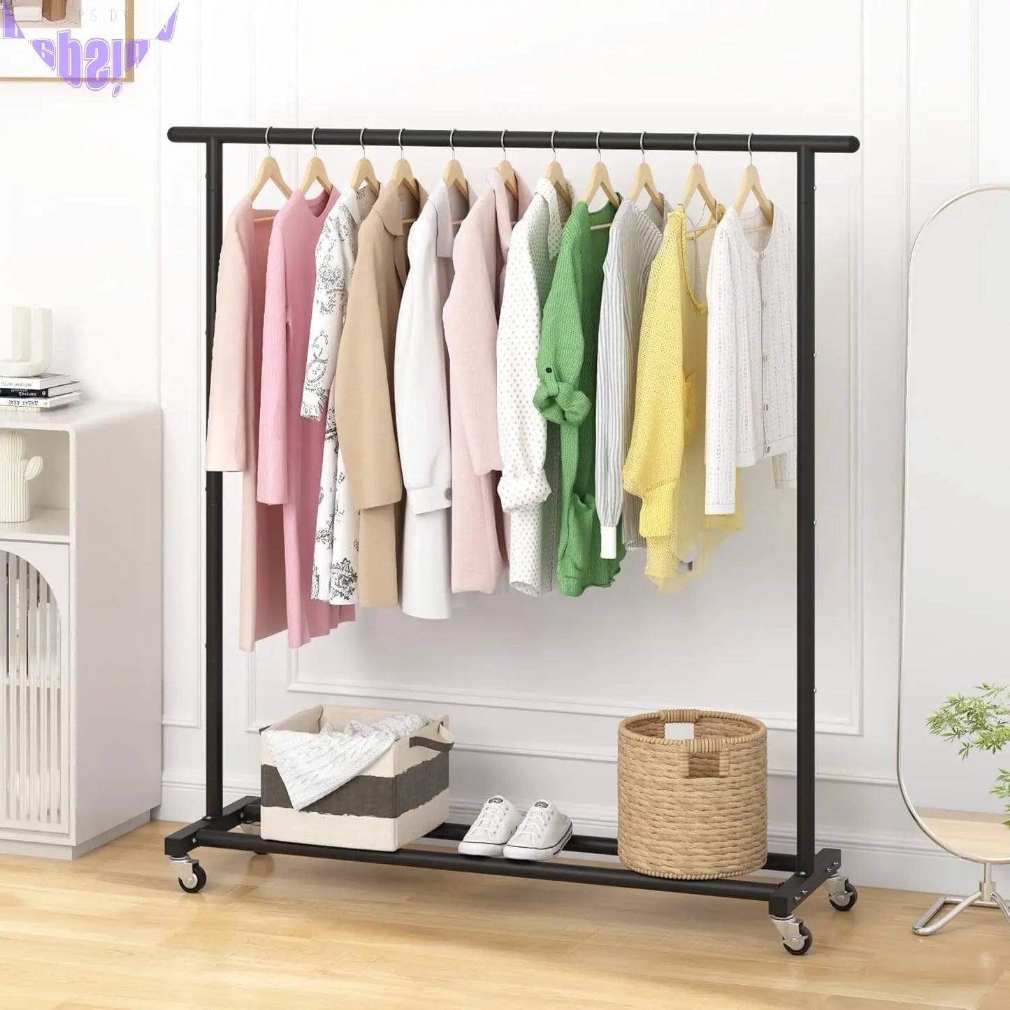 Clothing Rack Clothes Rack Standard Rod Simple Rolling Metal Garment Rack Organizer Freestanding Hanger with Wheels,Black