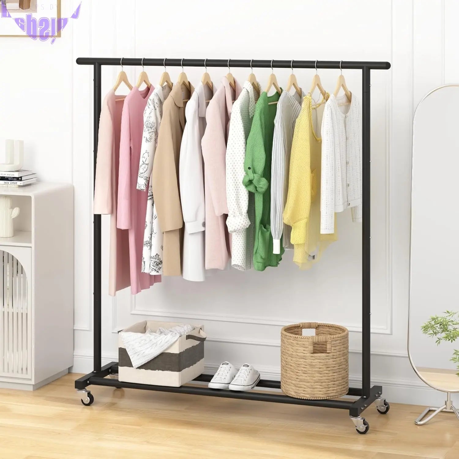 Clothing Rack Clothes Rack Standard Rod Simple Rolling Metal Garment Rack Organizer Freestanding Hanger with Wheels,Black