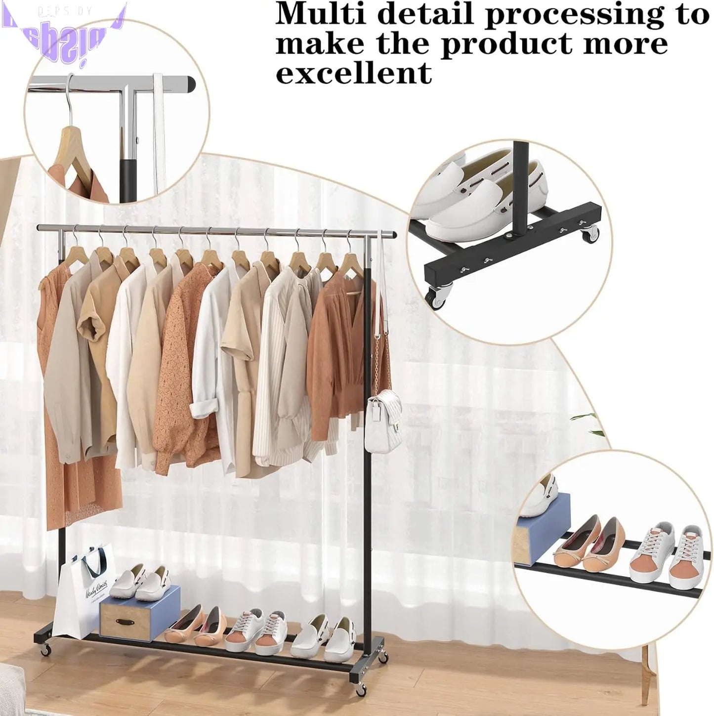Clothing Rack Clothes Rack Standard Rod Simple Rolling Metal Garment Rack Organizer Freestanding Hanger with Wheels,Black