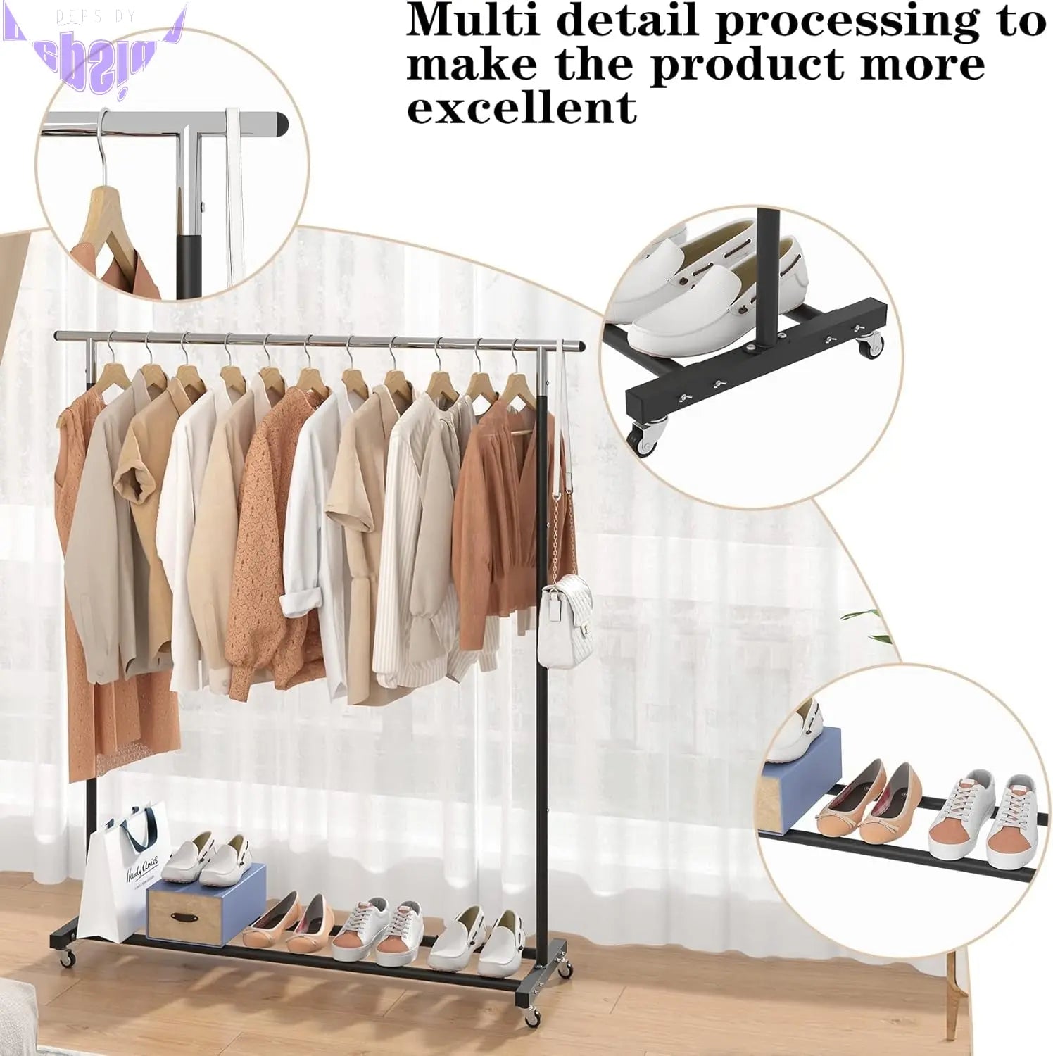 Clothing Rack Clothes Rack Standard Rod Simple Rolling Metal Garment Rack Organizer Freestanding Hanger with Wheels,Black