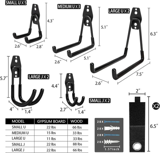 Steel Garage Storage Hooks - 16 Pack Anti-Slip Coating, Heavy Duty Wall Mount Hooks for Hanging Bike, Ladder, Garden Tools