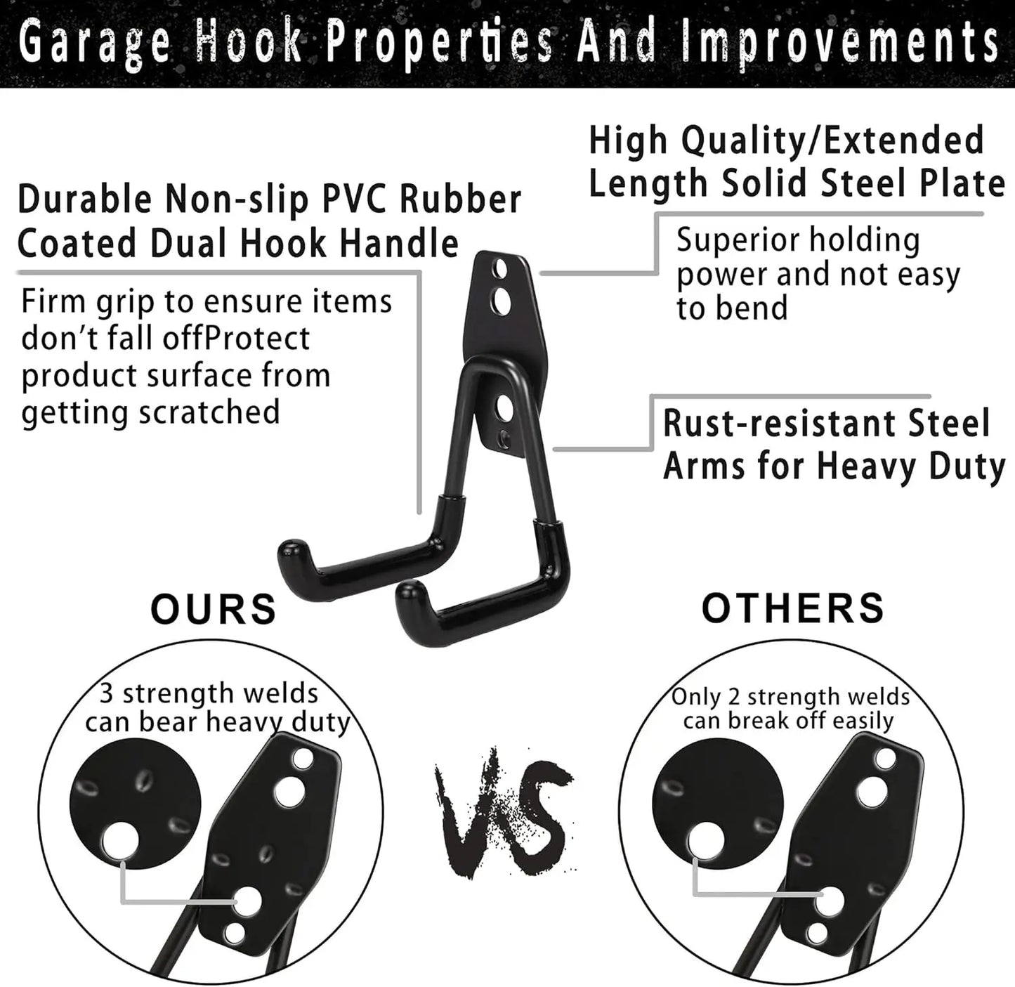 Steel Garage Storage Hooks - 16 Pack Anti-Slip Coating, Heavy Duty Wall Mount Hooks for Hanging Bike, Ladder, Garden Tools