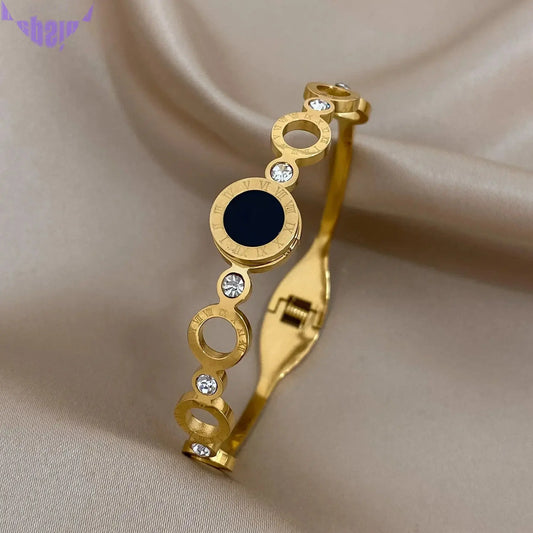 Stylish Black Gold Roman Numerals Stainless Bangles-1