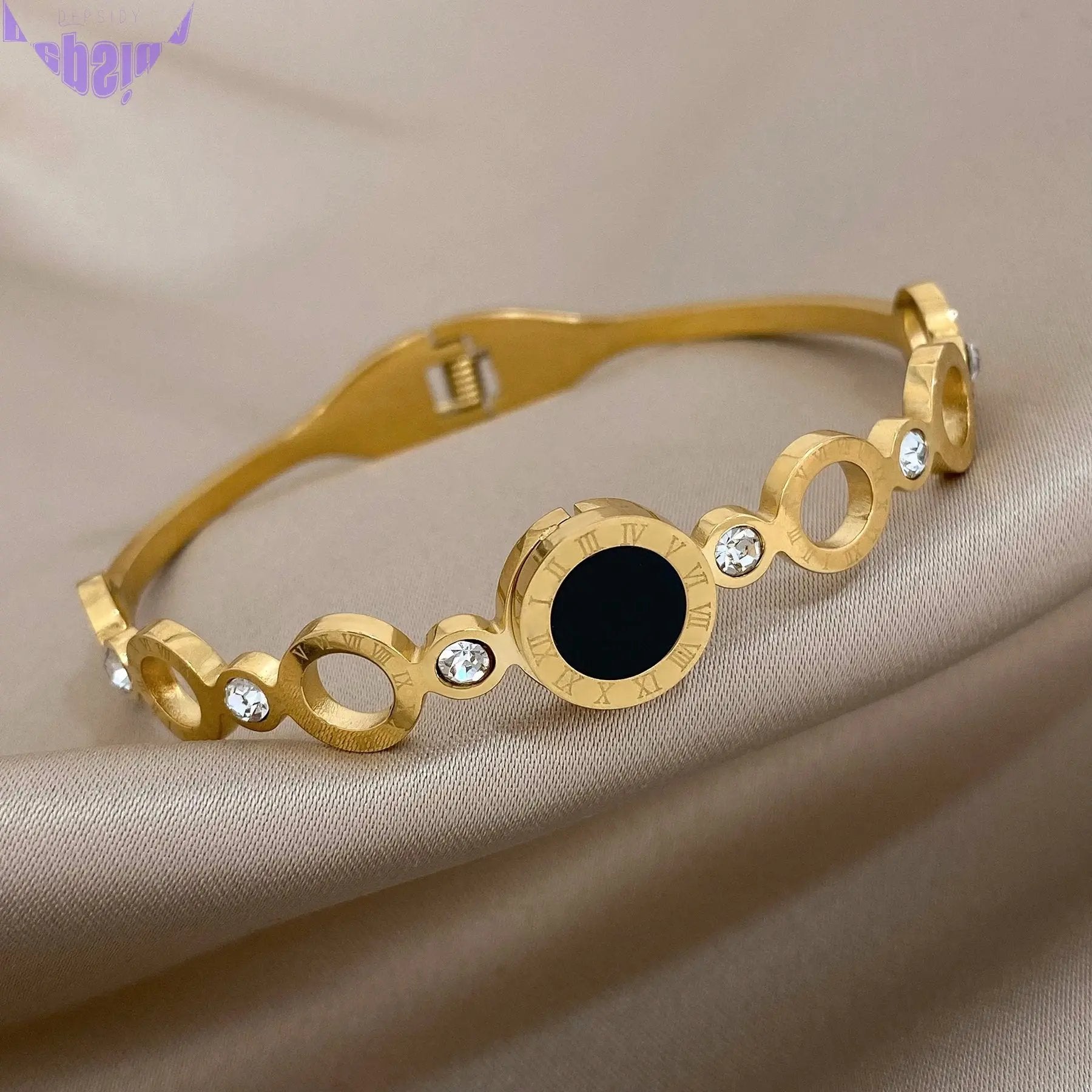 Stylish Black Gold Roman Numerals Stainless Bangles-2
