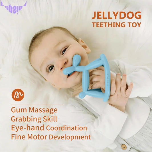 Teething Toy for Baby 3, 6, 12, 18 Months Infant, Jellydog Never Drop Food Grade Silicone Rocking Teether, Prevent Choking & Odorless, Less Dust and Hair Adhesion, Baby Gift, Cyan Blue