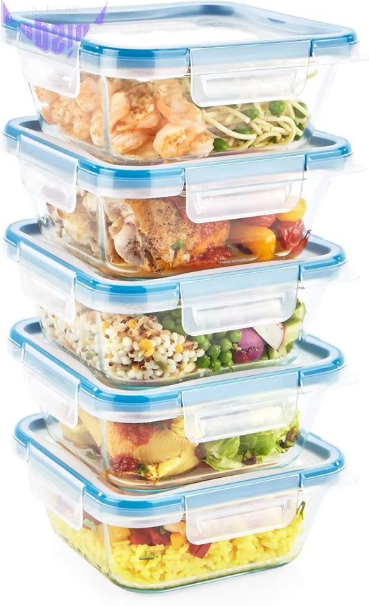 Total Solution Glass Square Food Storage Container Set with Plastic Lids (10-Piece Set)