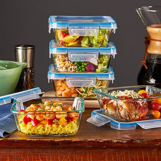 Total Solution Glass Square Food Storage Container Set with Plastic Lids (10-Piece Set)