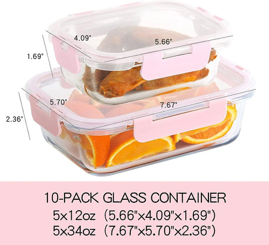 10 Pack Glass Food Storage Containers with Lids Leakproof, Airtight Glass Meal Prep Containers for Lunch, on the Go, Leftover, Dishwasher Safe