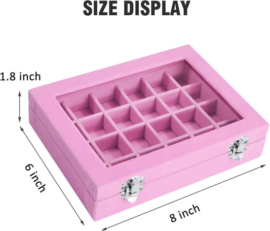 Velvet Jewelry Box 24 Grid Jewelry Ring Display Organiser Box Tray Holder Earrings Storage Case for Girls Wife Mom Women (Pink)