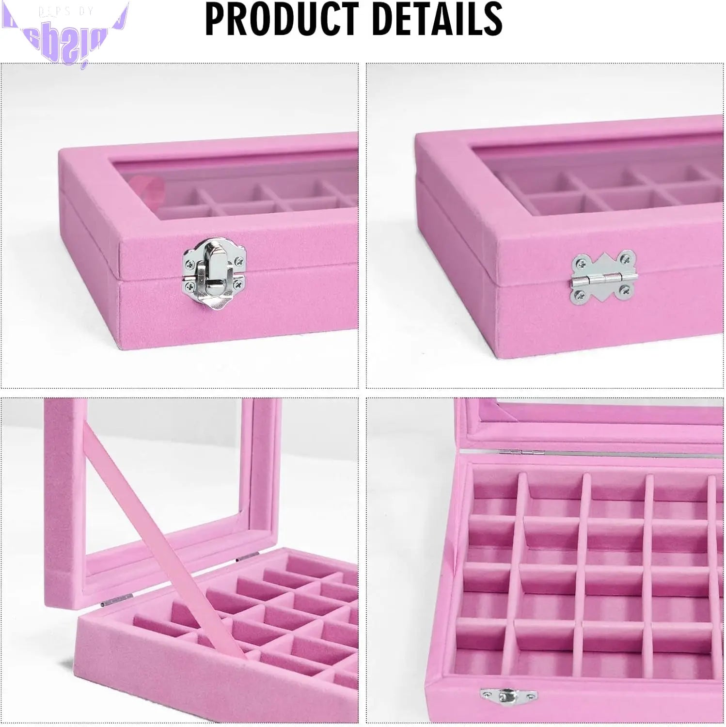 Velvet Jewelry Box 24 Grid Jewelry Ring Display Organiser Box Tray Holder Earrings Storage Case for Girls Wife Mom Women (Pink)