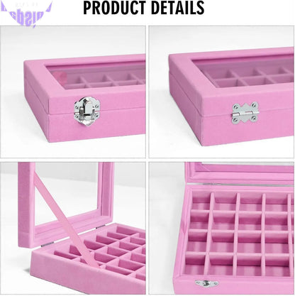 Velvet Jewelry Box 24 Grid Jewelry Ring Display Organiser Box Tray Holder Earrings Storage Case for Girls Wife Mom Women (Pink)