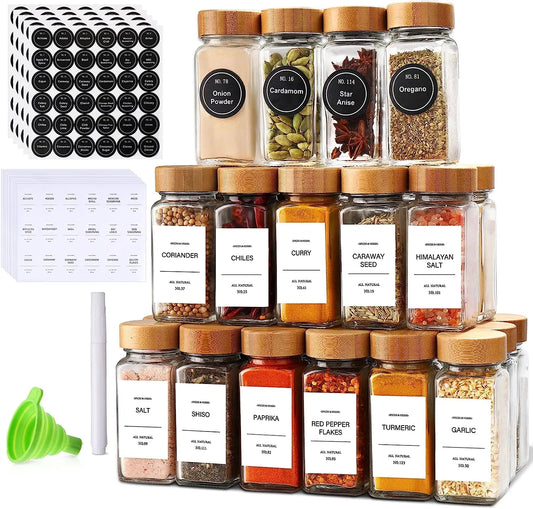 Spice Jars with Label 24Pcs,Seasoning Containers,Glass Spice Jars with Bamboo Lids,Kitchen Essentials,Spices Container Set,Kitchen Set,Seasoning Organizer,Spice Rack Organizer for Cabinet
