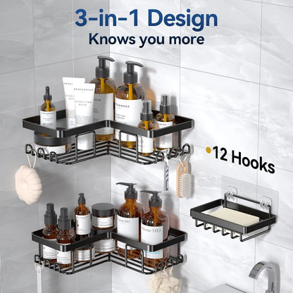 Corner Shower Caddy, 3-Pack Adhesive Shower Caddy with Soap Holder and 12 Hooks, Rustproof Stainless Steel Bathroom Shower Organizer, No Drilling Wall Mounted Shower Rack, for Bathroom, Black