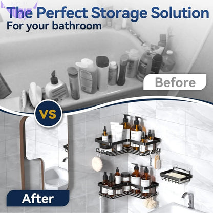 Corner Shower Caddy, 3-Pack Adhesive Shower Caddy with Soap Holder and 12 Hooks, Rustproof Stainless Steel Bathroom Shower Organizer, No Drilling Wall Mounted Shower Rack, for Bathroom, Black